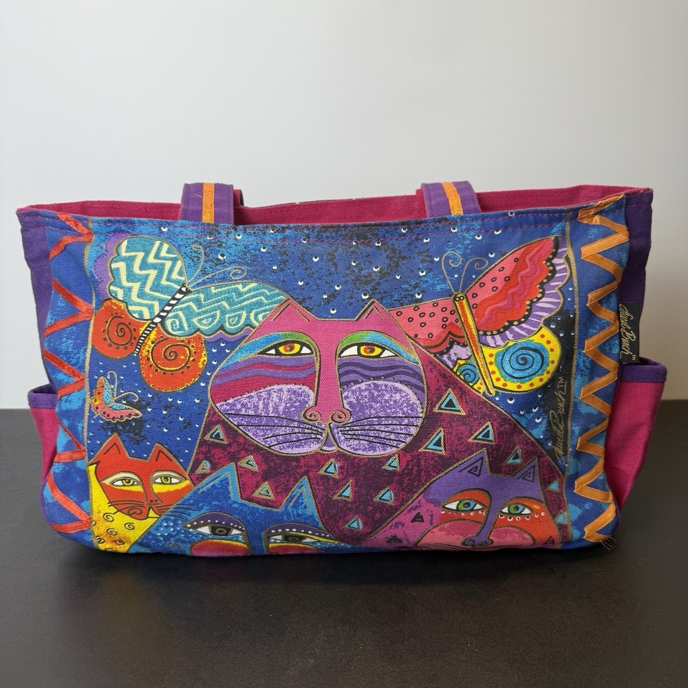 Laurel Burch Cats Butterfly Canvas Tote Bag Weekender Large Charm Artsy 15x5x9"
